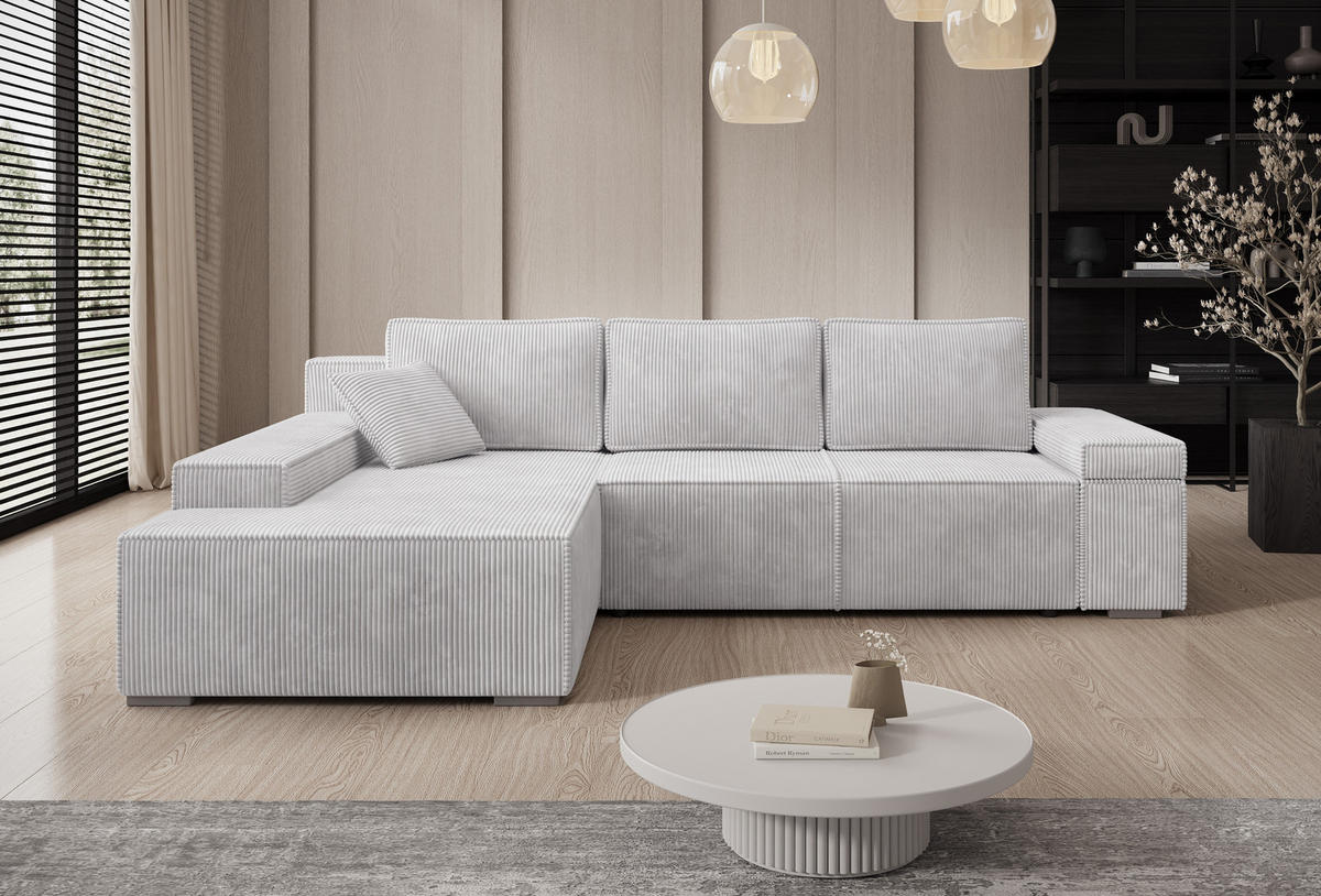 ECKSOFA Milo mit Schlaffunktion und Bettkasten, Couch L-Form, Cord-Stoff, 273x85x185 cm, Grau - Grau, Holz (185/273cm) - PROMETO Möbel