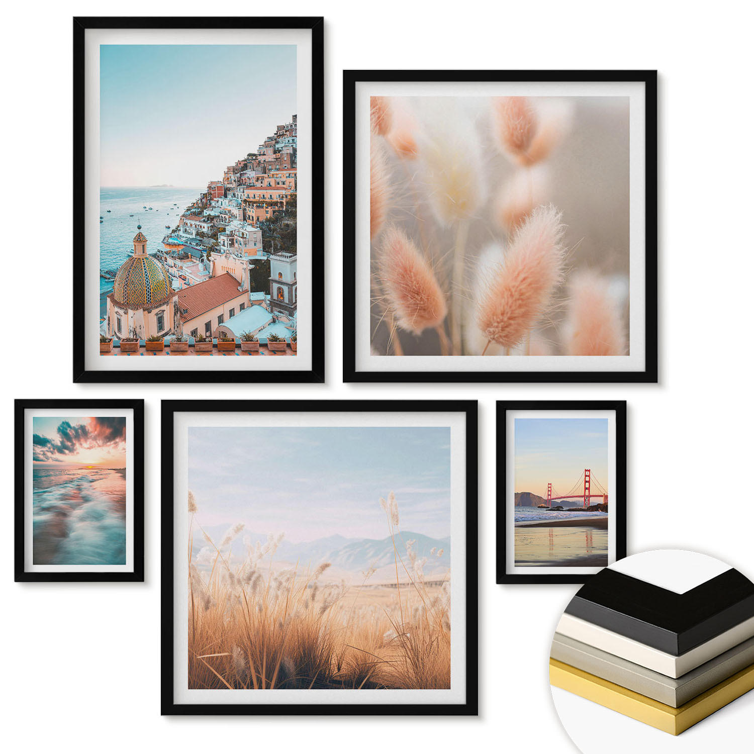 WANDBILDER 5er-Set - 50x50 cm & 20x30 cm & 40x60 cm Schwarzer Rahmen - Sonnenuntergang am Meer, Häuser, Blumen - Schwarz, Kunststoff (40/60cm) - ArtPrintCave