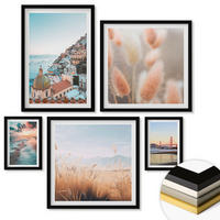 WANDBILDER 5er-Set - 50x50 cm & 20x30 cm & 40x60 cm Schwarzer Rahmen - Sonnenuntergang am Meer, Häuser, Blumen - Schwarz, Kunststoff (40/60cm) - ArtPrintCave