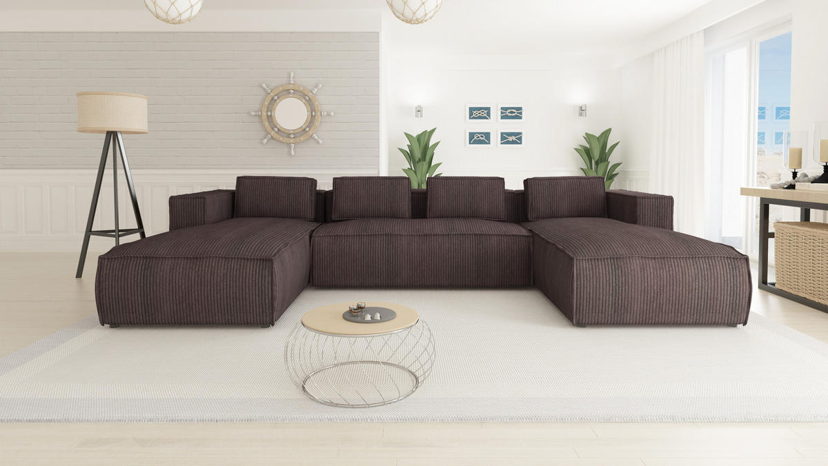 WOHNLANDSCHAFT Nova Dunkelbraun Cord - Dunkelbraun/Schwarz, Holz/Kunststoff (327/64/176cm) - S-Style Möbel