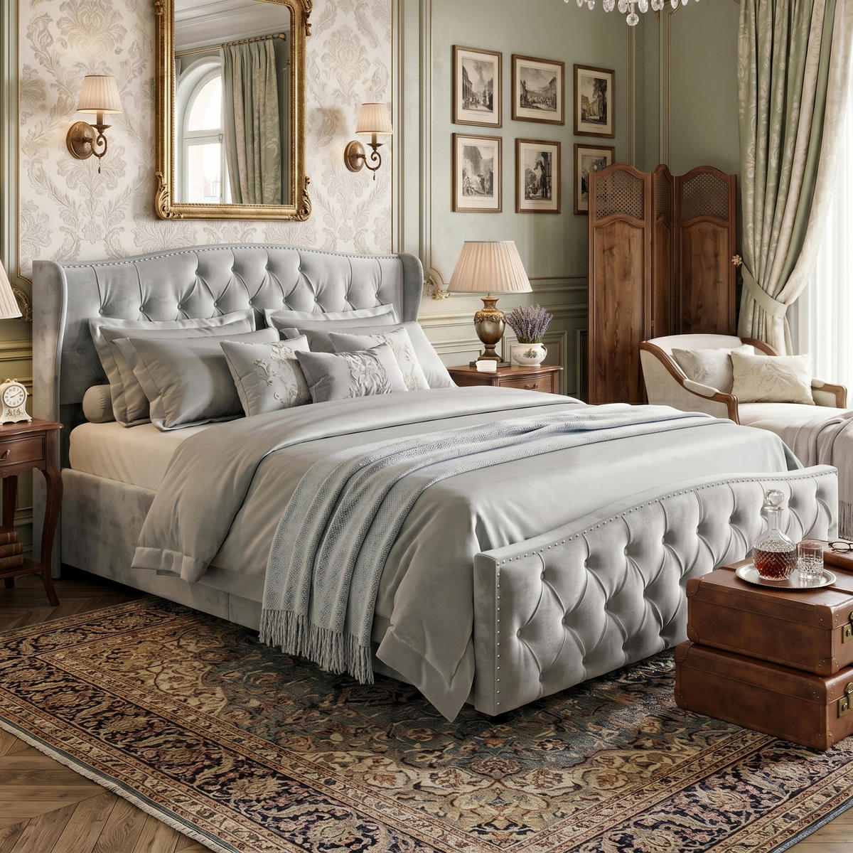 POLSTERBETT Wave-Design 140/200 cm mit Bettkasten & Nietendekor Samtstoff Grau - Grau, Textil (160/200cm) - Creahappy