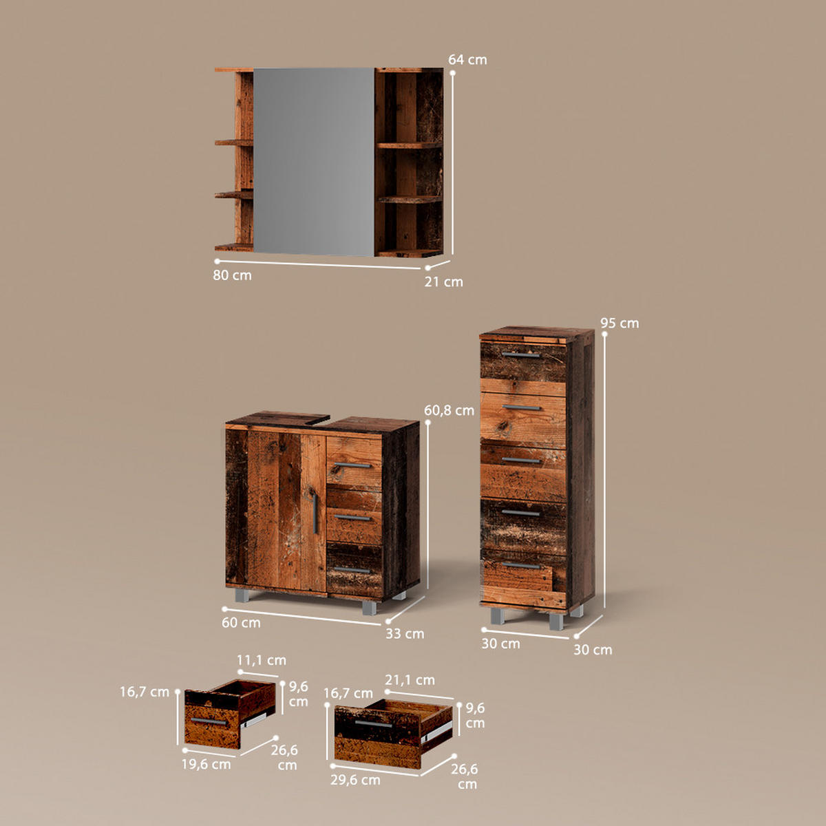 BADMÖBEL-SET Eisak Eiche rustikal 3 Teile, mit Midischrank - Wildeiche, Holzwerkstoff (60/60/33cm) - Livinity®