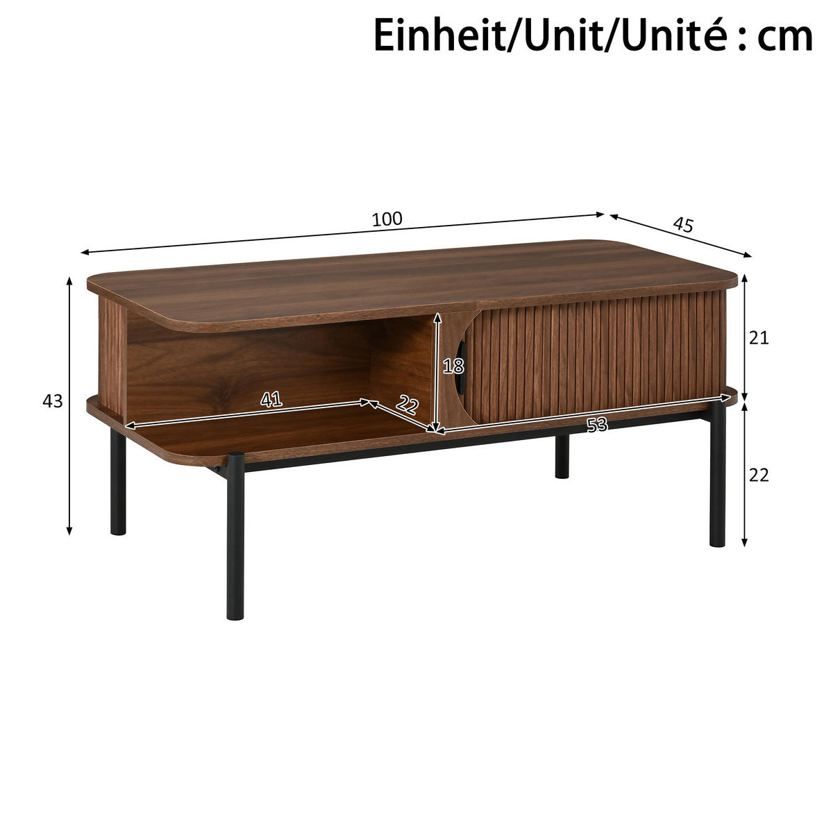COUCHTISCH 100x45x43cm mit Stauraum und Schiebetüren - Walnussfarben, Holzwerkstoff (45/100/43cm) - FLIEKS