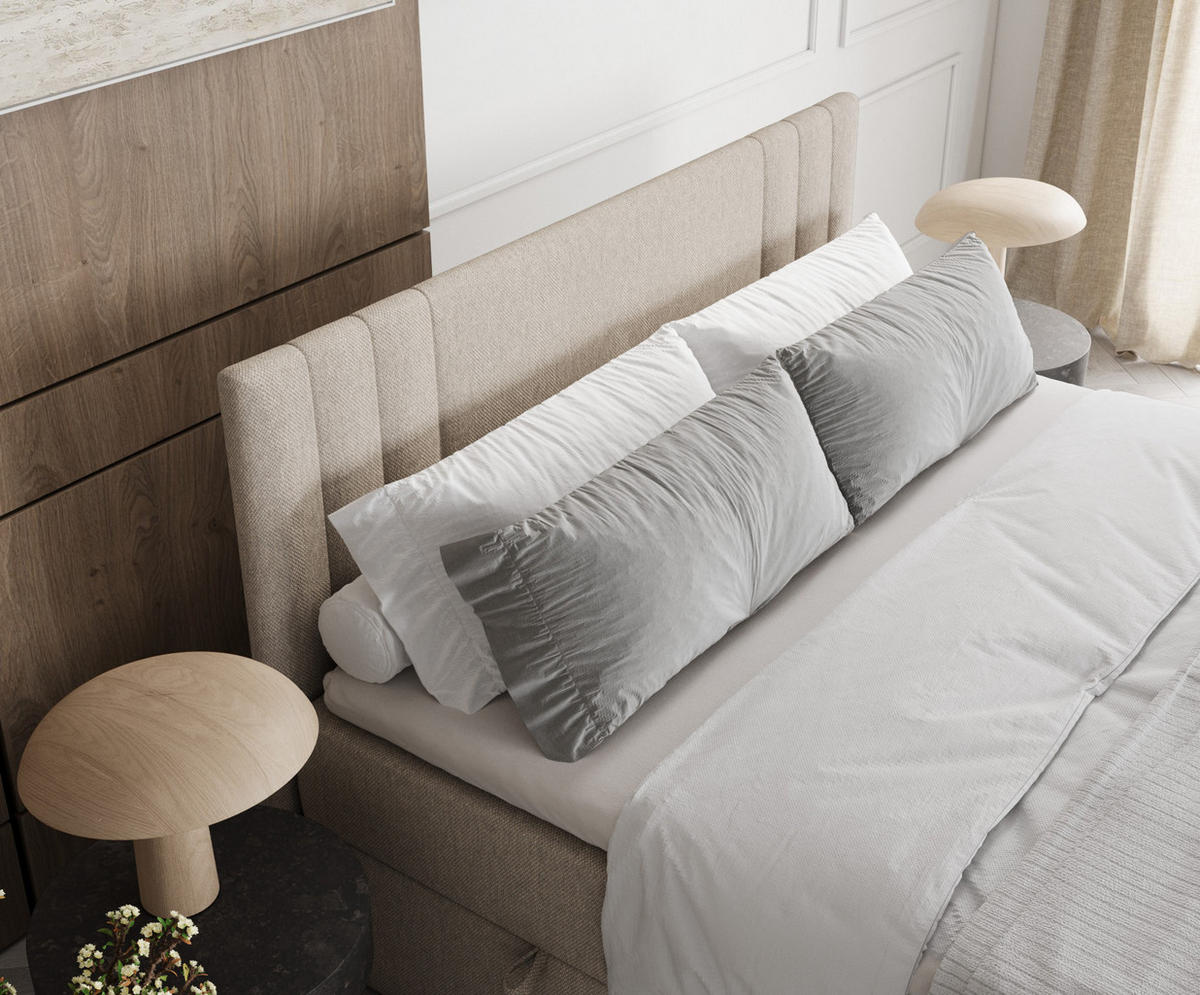 BOXBETT Mallo Beige 160/200 cm mit Matratze und Topper - Beige/Schwarz, Holz/Holzwerkstoff (160/200cm) - Maison de Reve