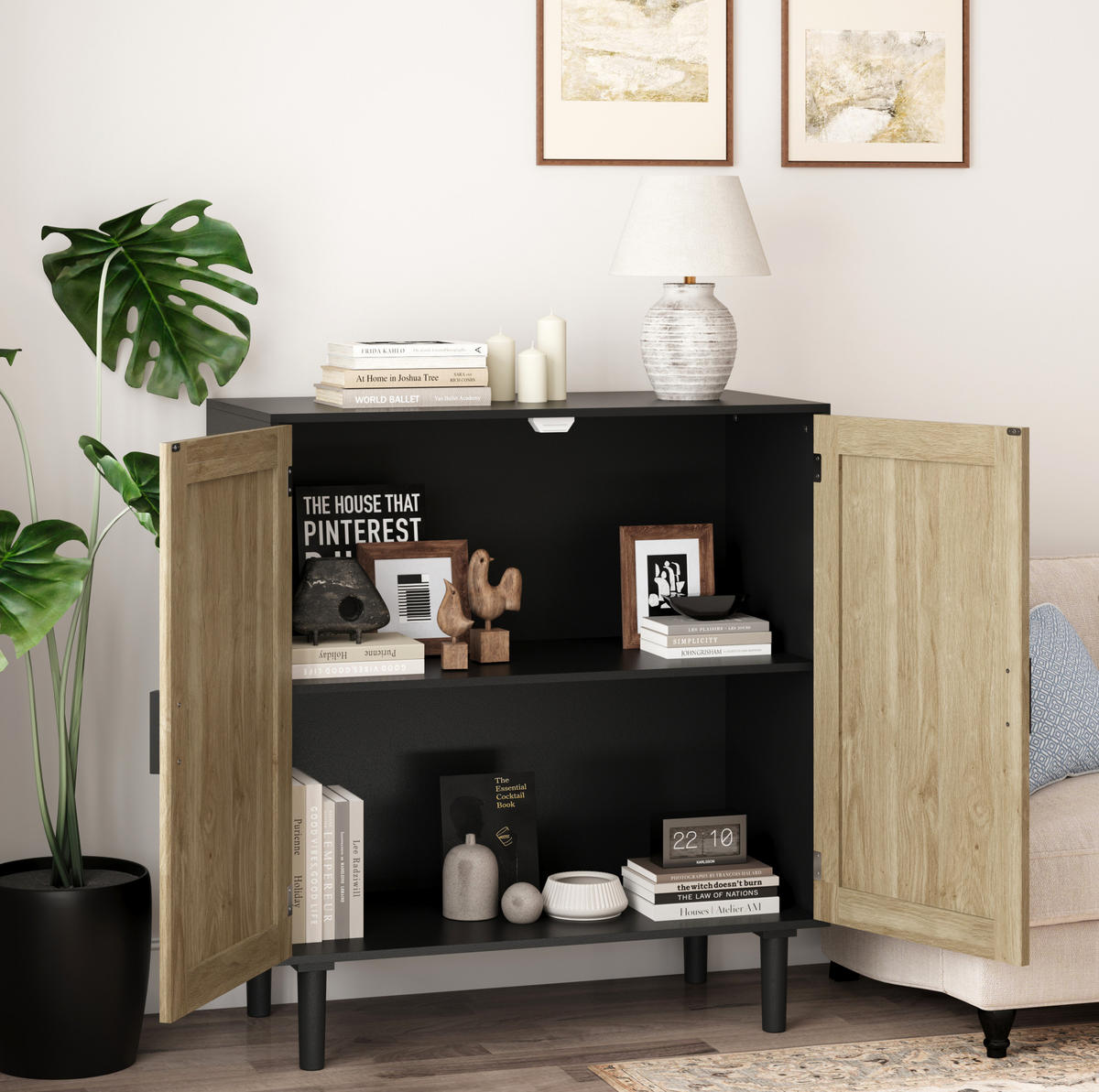 SIDEBOARD 80/40/88 cm schwarz aus MDF mit Rattanfront und offenen Fächern - Schwarz, Holzwerkstoff (80/88/40cm) - OKWISH