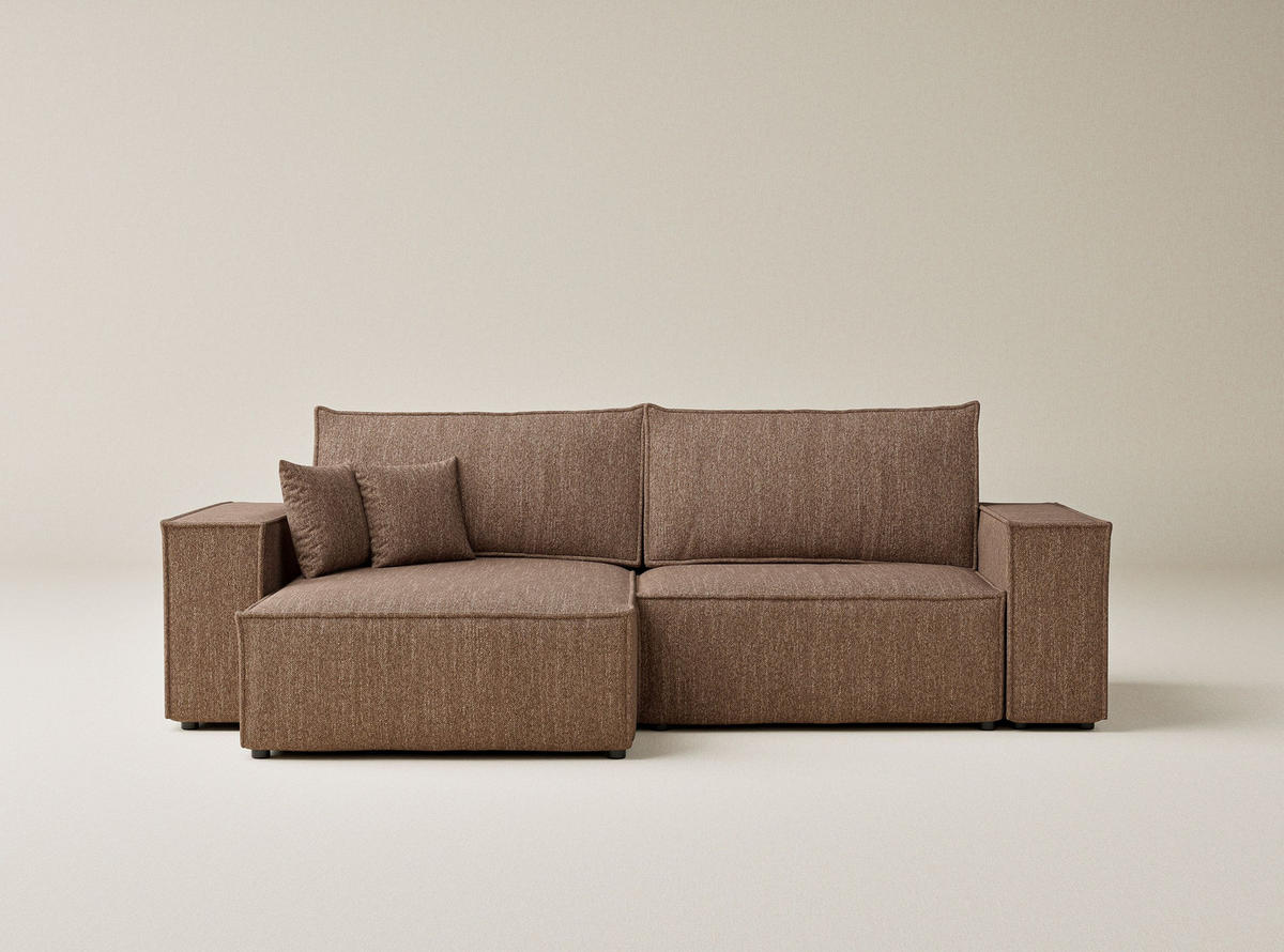 ECKSOFA MIT SCHLAFFUNKTION Zaya Hellbraun Webstoff - Hellbraun/Schwarz, Holz/Holzwerkstoff (255/148cm) - Maison de Reve