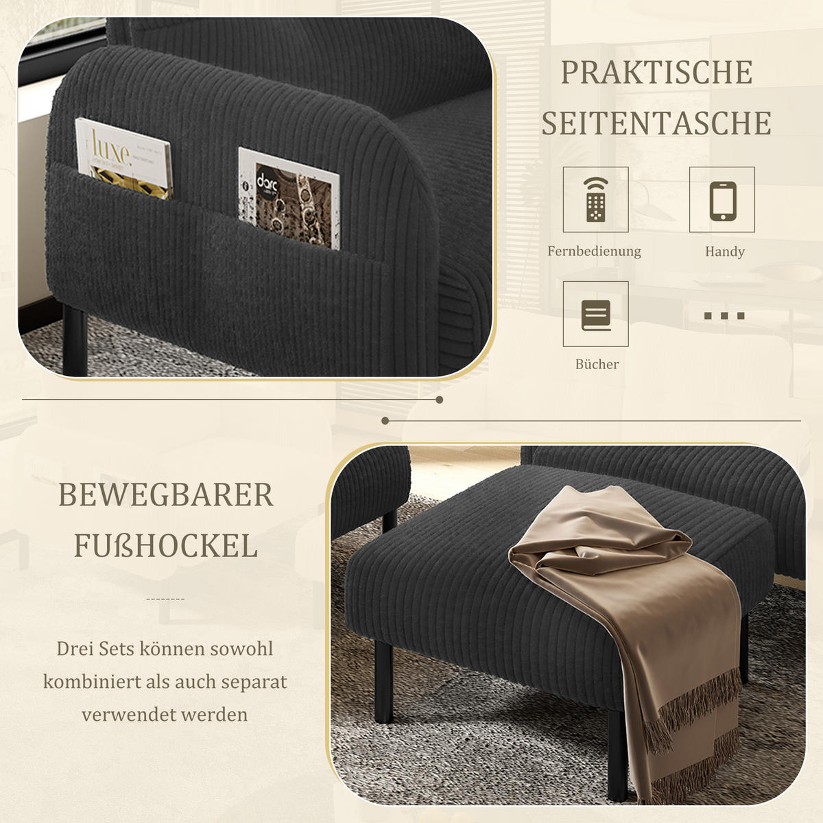 SOFA Set, 2-Sitzer+Sessel+Hocker, Cord, Grau - Schwarz/Grau, Textil/Metall (120/79/75cm) - LVHOM