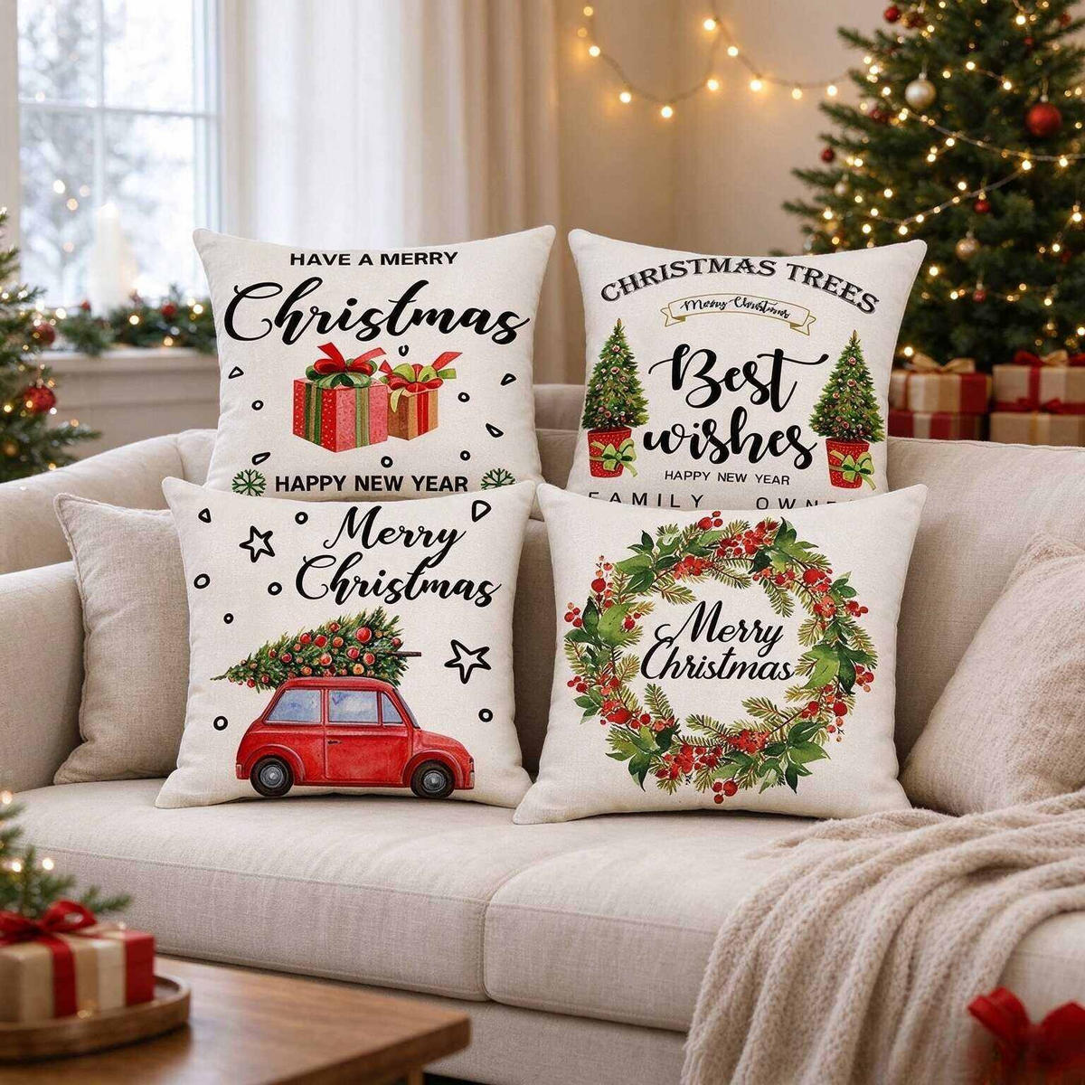 KISSENBEZUG – Weihnachtskissenbezug (Kissenfüllung nicht enthalten) – 45 x 45 cm – Multicolor(vier Stück) - Multicolor, Textil (45/45cm)