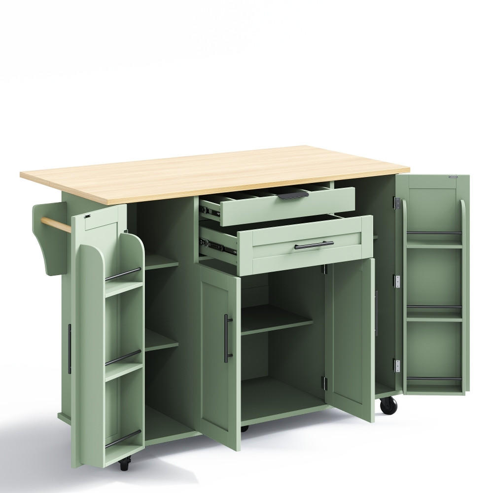 KÜCHENINSEL mit ausziehbarer Arbeitsplatte und verdeckter Besteckschublade, Holzoptik, 136/70/92 cm - Grün, Kunststoff (70/92/136cm) - Rolipo
