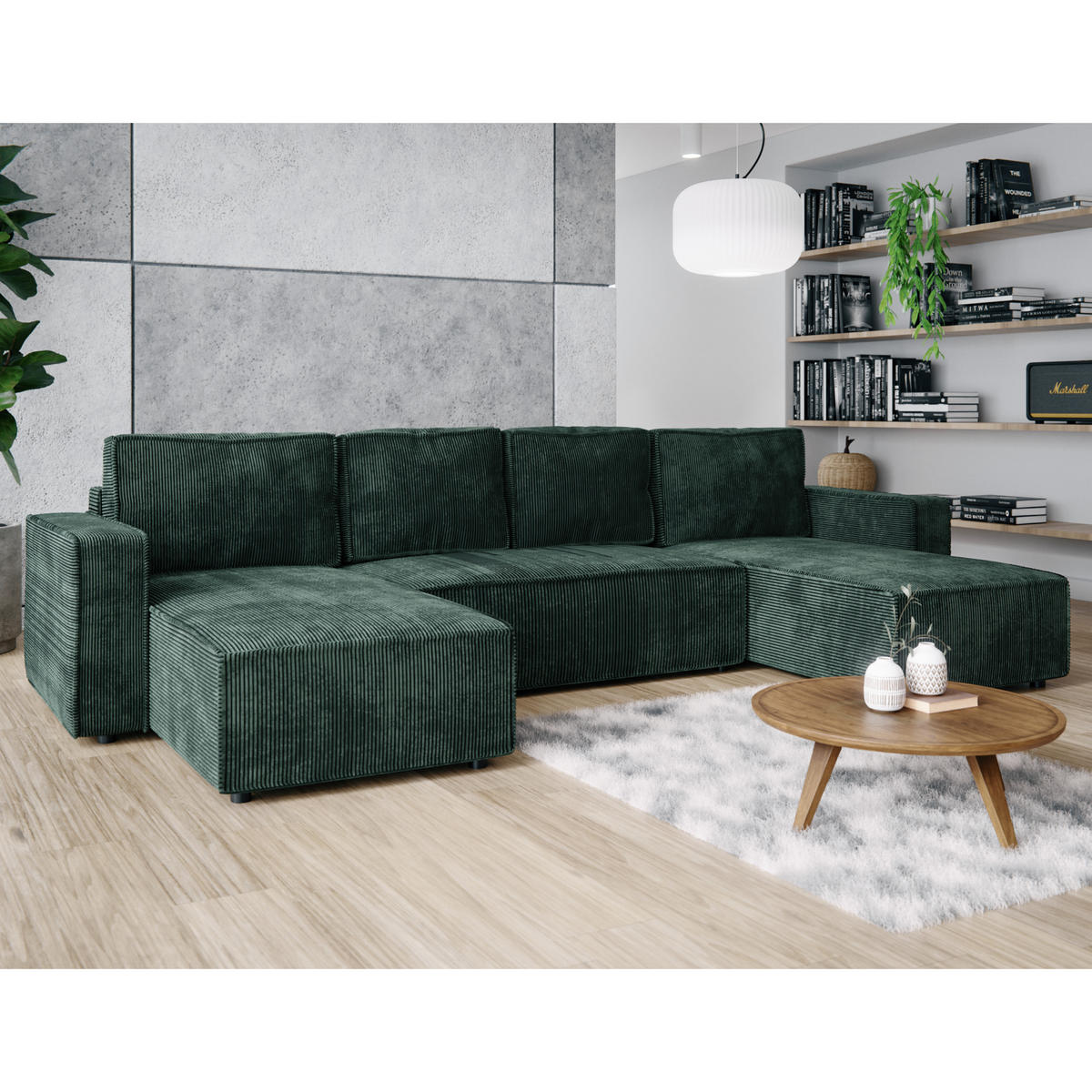 WOHNLANDSCHAFT BRIK XL 338x169 cm, Tannengrün Cord Poso, Schlaffunktion & Bettkasten - Dunkelgrün, Textil (338/85/169cm) - Excellent Home