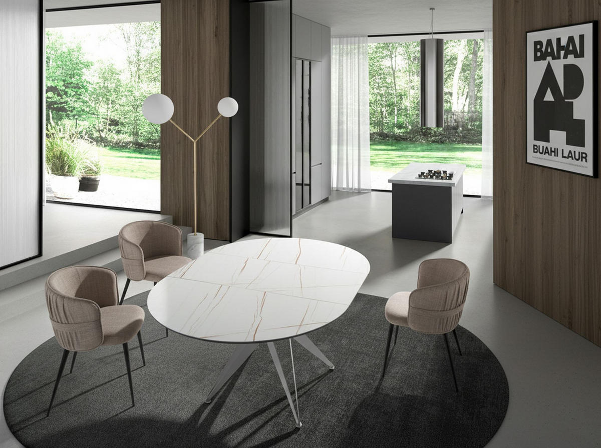 ESSTISCH Runder ausziehbarer Esstisch aus Porzellanmarmor und grauem Stahl Ø120/77 cm - Weiß/Grau, Stein (120/120/77cm) - ANGEL CERDA