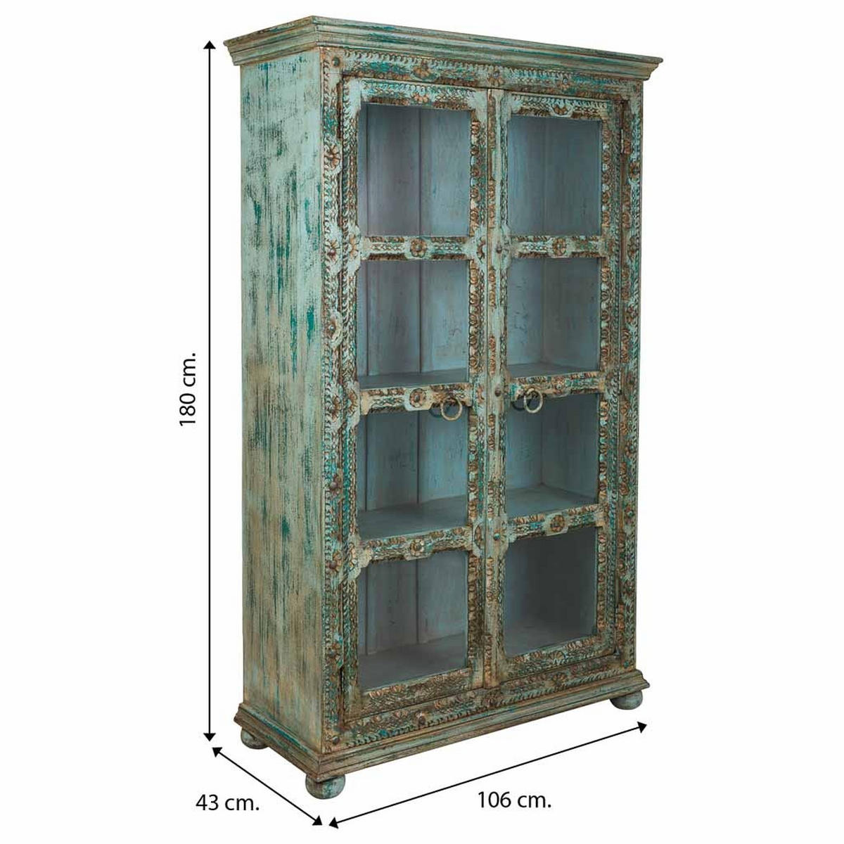 VITRINE aus geschnitztem Holz, 106x43x180 blau - Multicolor, Holz (106/180/43cm) - Wanderlust