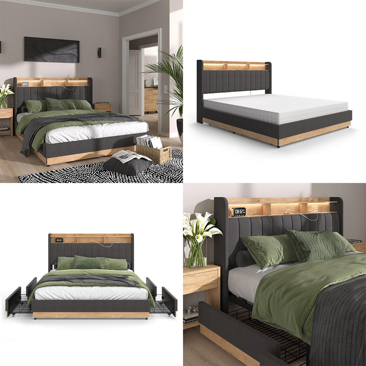 ČALOUNĚNÁ POSTEL Nura Antracit - antracitová/barva dubu, kompozitní dřevo - VitaliSpa