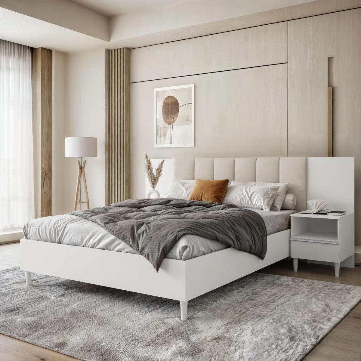 POLSTERBETT Lectus 166/211/108 mit 1 Nachttisch beige - Beige/Weiß, Holzwerkstoff/Textil (160/200cm) - Beautysofa