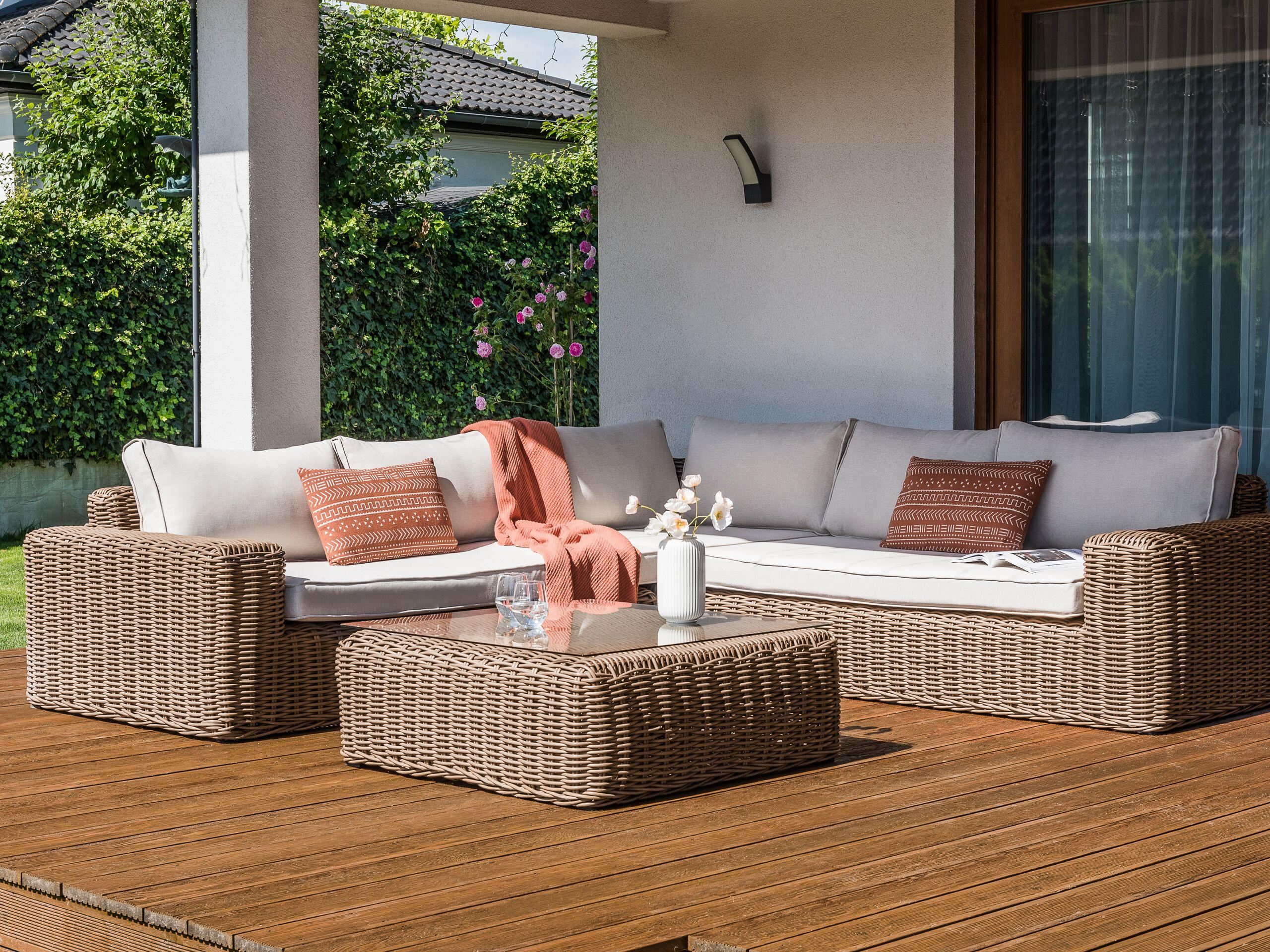 LOUNGE-SET 6-Sitzer PE Rattan Braun Palermo - Braun/Weiß, Kunststoff - Beliani