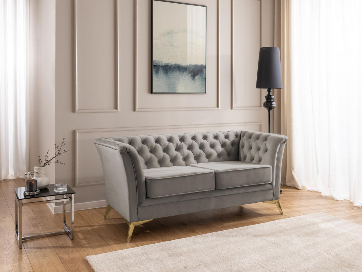 CHESTERFIELD-SOFA 2-sitzer Whitby Grau Samt mit goldenen Füßen - Goldfarben/Grau, Holz/Textil (175/78/82cm) - S-Style Möbel