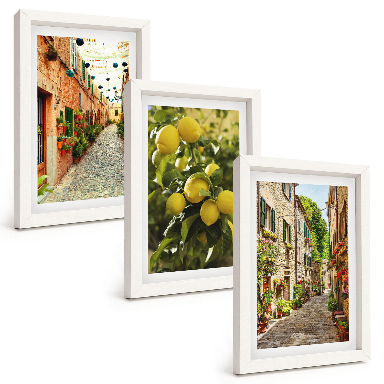 BILDER SET 3er Set - 20x30 cm Weißer Rahmen - Straßen mit Zitronenblüten im Hintergrund - Weiß, Kunststoff (20/30cm) - TULUP