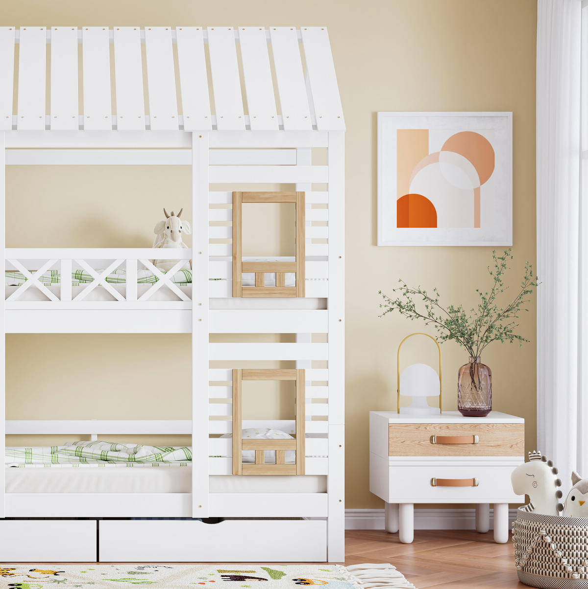 ETAGENBETT aus Kiefernholz und MDF 90x200 cm Weiß/Natur mit Stauraumtreppe und Schubladen - Weiß, Holzwerkstoff (90/200cm) - IVMEU