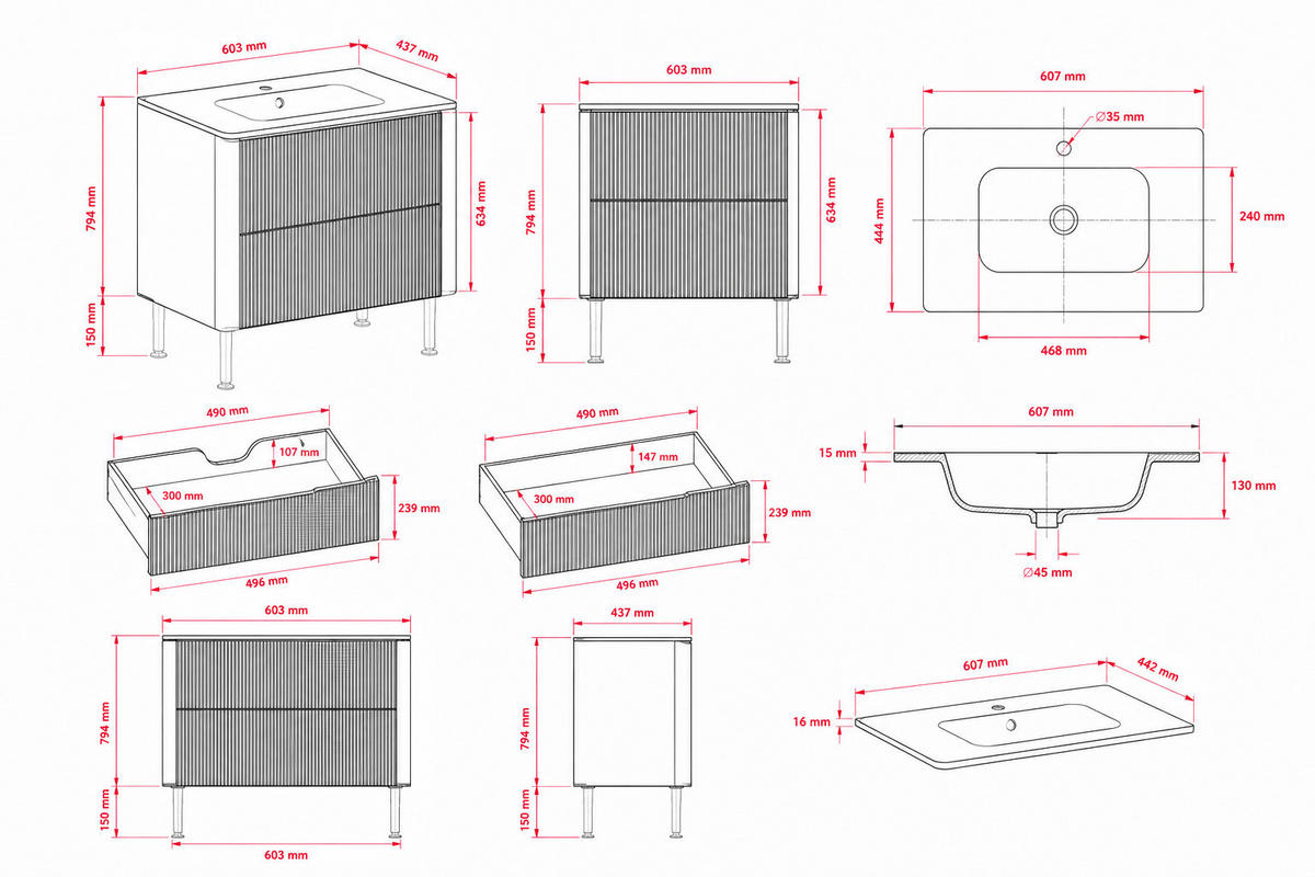 BADEZIMMERSCHRANK: Weiß, mit Waschbecken, Beine Schwarz, 60,7 x 44,4 x 64,9 cm - Schwarz/Weiß, Holzwerkstoff (60.3/63.4/43.7cm) - 3XE LIVING