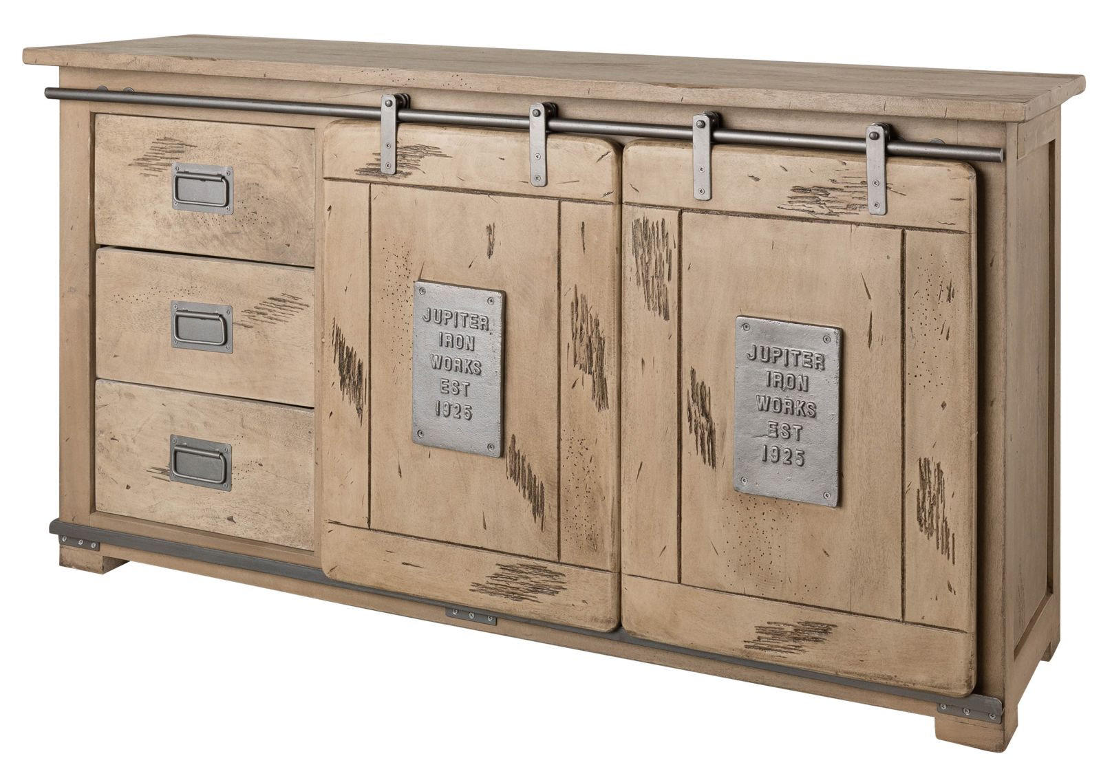 SIDEBOARD Mango 150x45x80 whitewash lackiert RAILWAY #300 - Beige, Holz (150/80/45cm) - Massivmoebel24