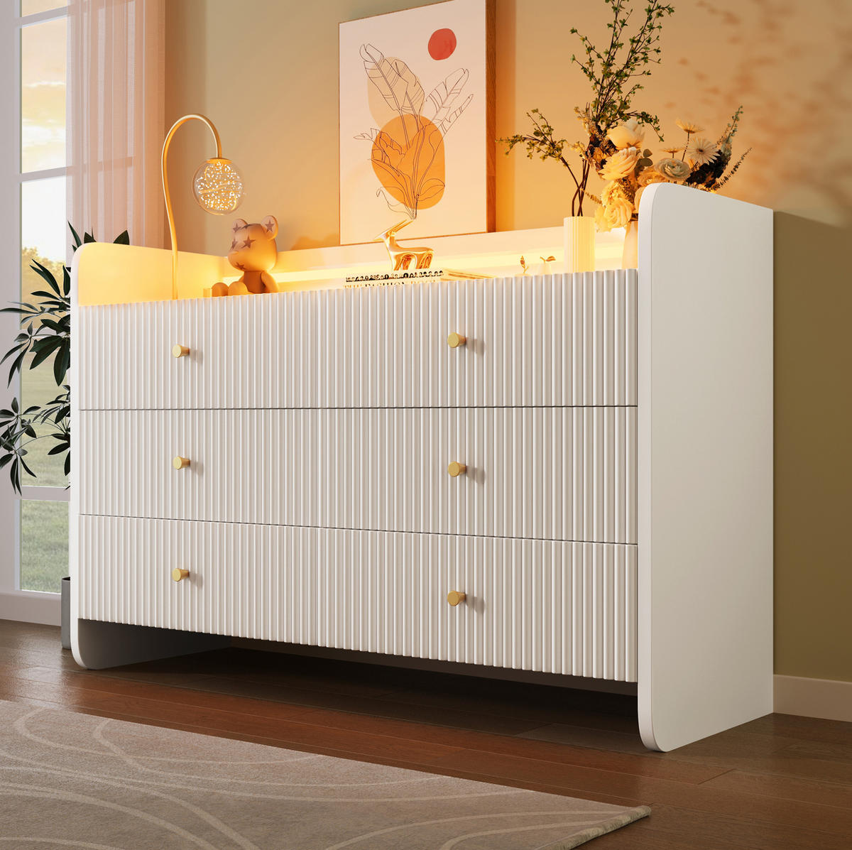 SIDEBOARD mit LED-Beleuchtung 120 x 40 x 75 cm Weiß 6 Schubladen - Weiß, Holzwerkstoff (120/75/40cm) - Meubliv