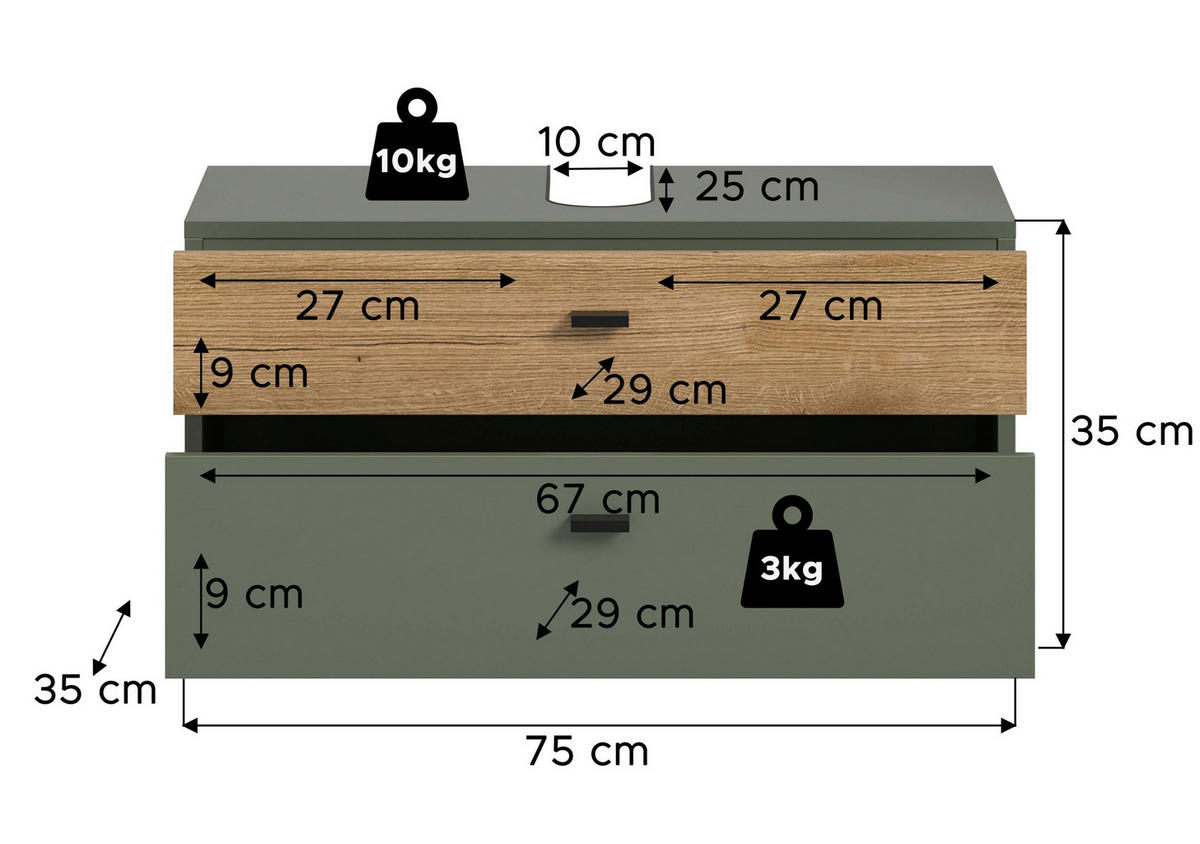 WASCHBECKENUNTERSCHRANK Aqua Sage Green 75/35/35 cm - Grün, Holzwerkstoff (75/35/35cm) - Xonox