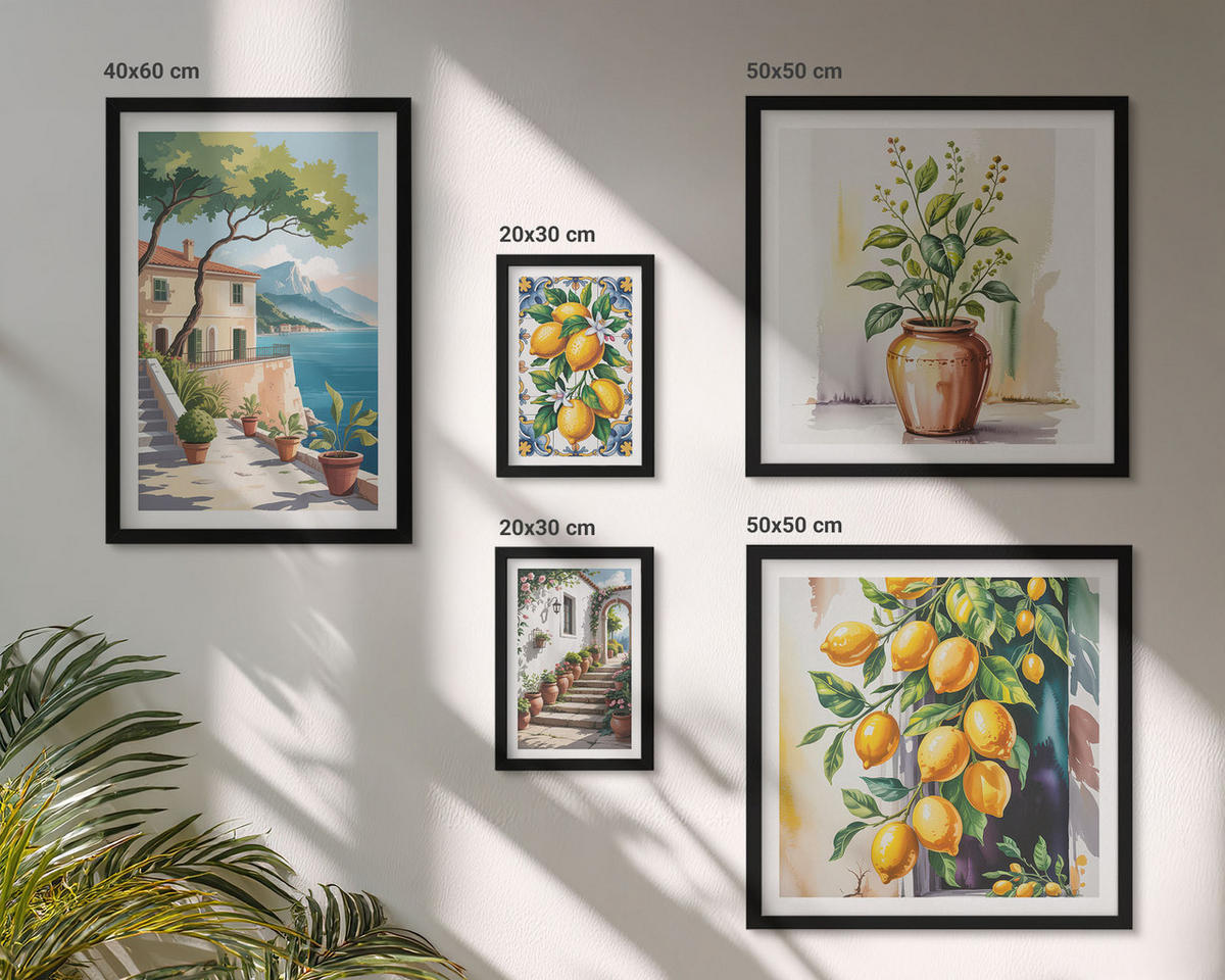 WANDBILDER 5er-Set - 50x50 cm & 20x30 cm & 40x60 cm Schwarzer Rahmen - Zitrusbaum im Fenster am Meer - Schwarz, Kunststoff (40/60cm) - ArtPrintCave