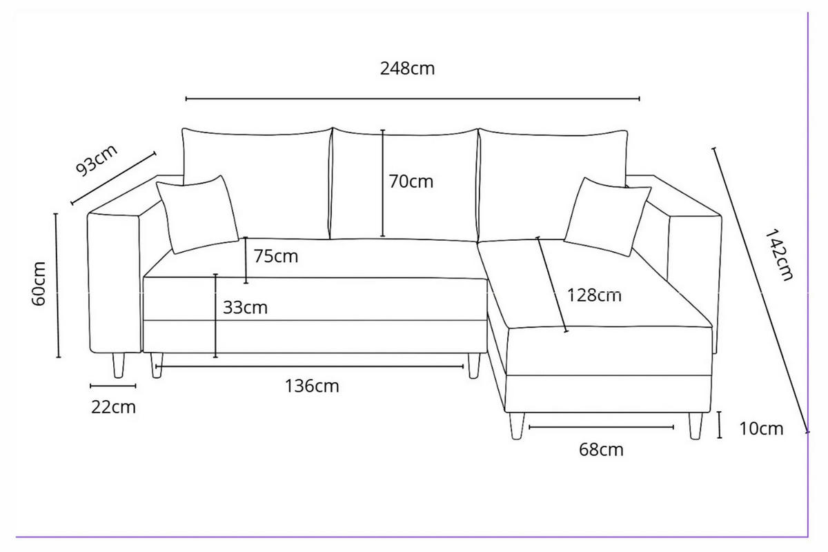 ECKSOFA RIO mit Schlaffunktion und Bettkasten, Farbe: Blau, Velourstoff, Ottomane Universal - Blau, Textil (249/142cm) - Marpur