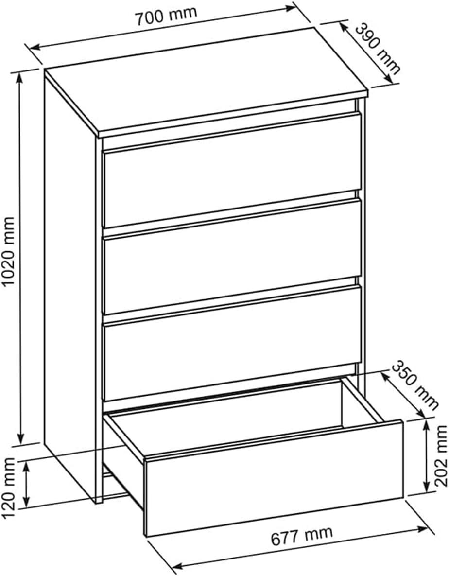 Thumbnail - Mobelsta Kommode, Schwarz Hochglanz, Holzwerkstoff, Teilmassiv,Strukturbuche, 4 Schubladen, 70x102x39 cm, Wohnzimmer, Ko...