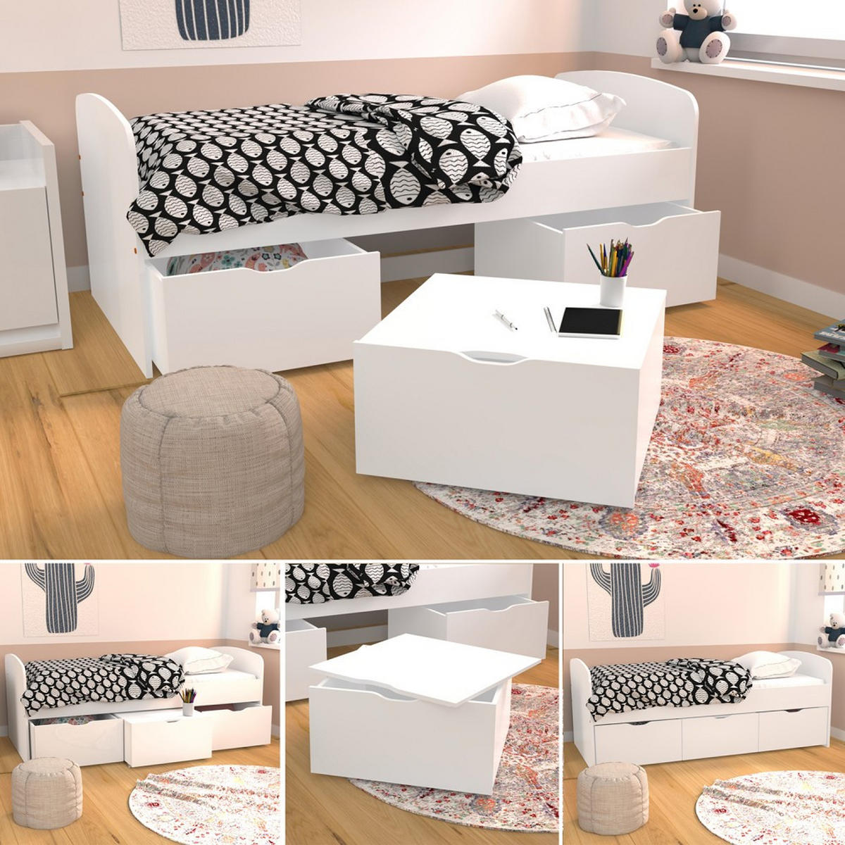 KINDERBETT MIA / SPIELBETT Lattenrost + 3x Schubladen - Weiß - Weiß, Holz/Holzwerkstoff (90/190cm) - Weber Industries