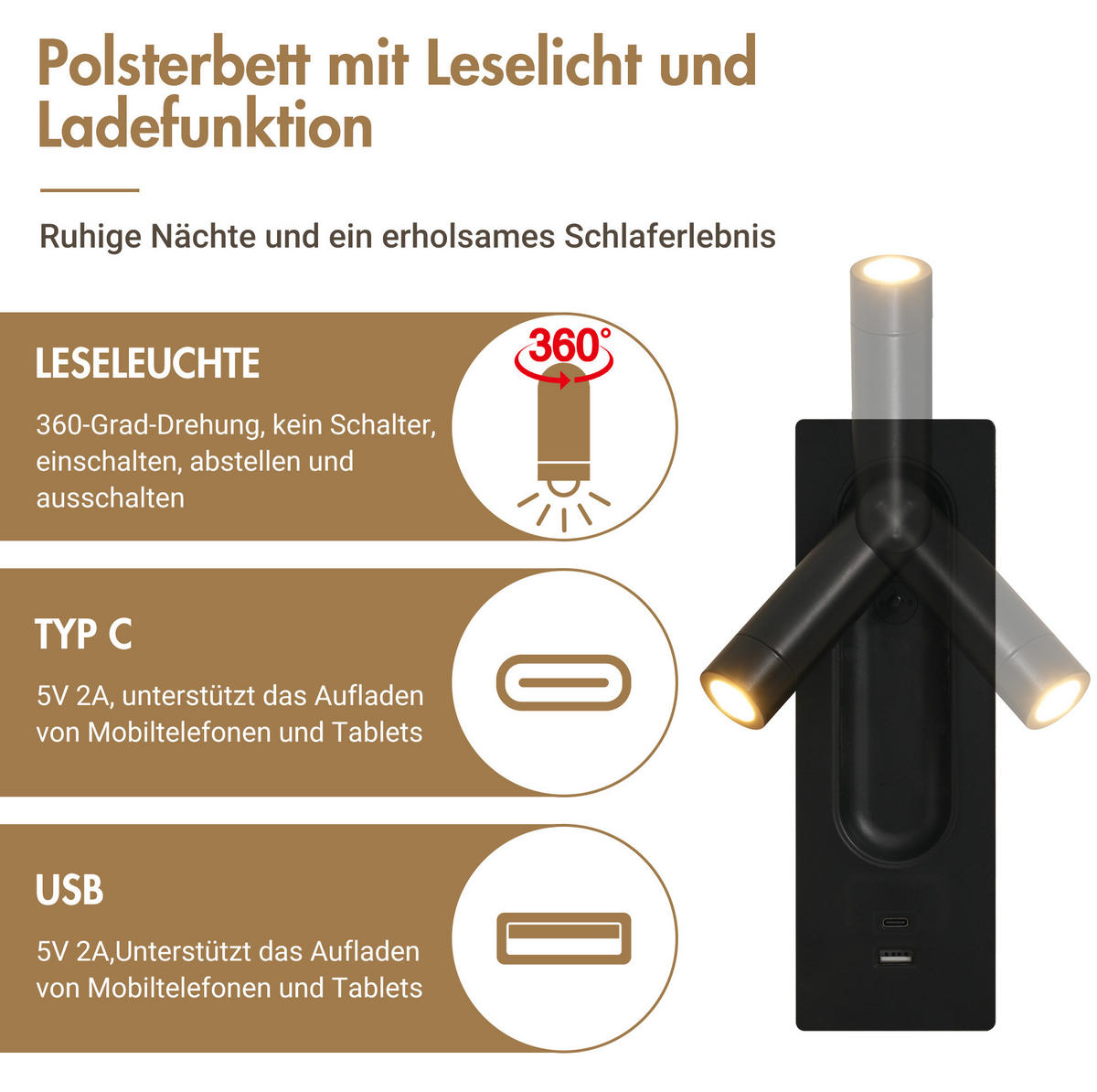 POLSTERBETT 160/200 cm Beige mit Stauraum, Leselicht und USB- sowie Type-C-Anschlüssen - Beige, Textil (160/200cm) - Flora Grace
