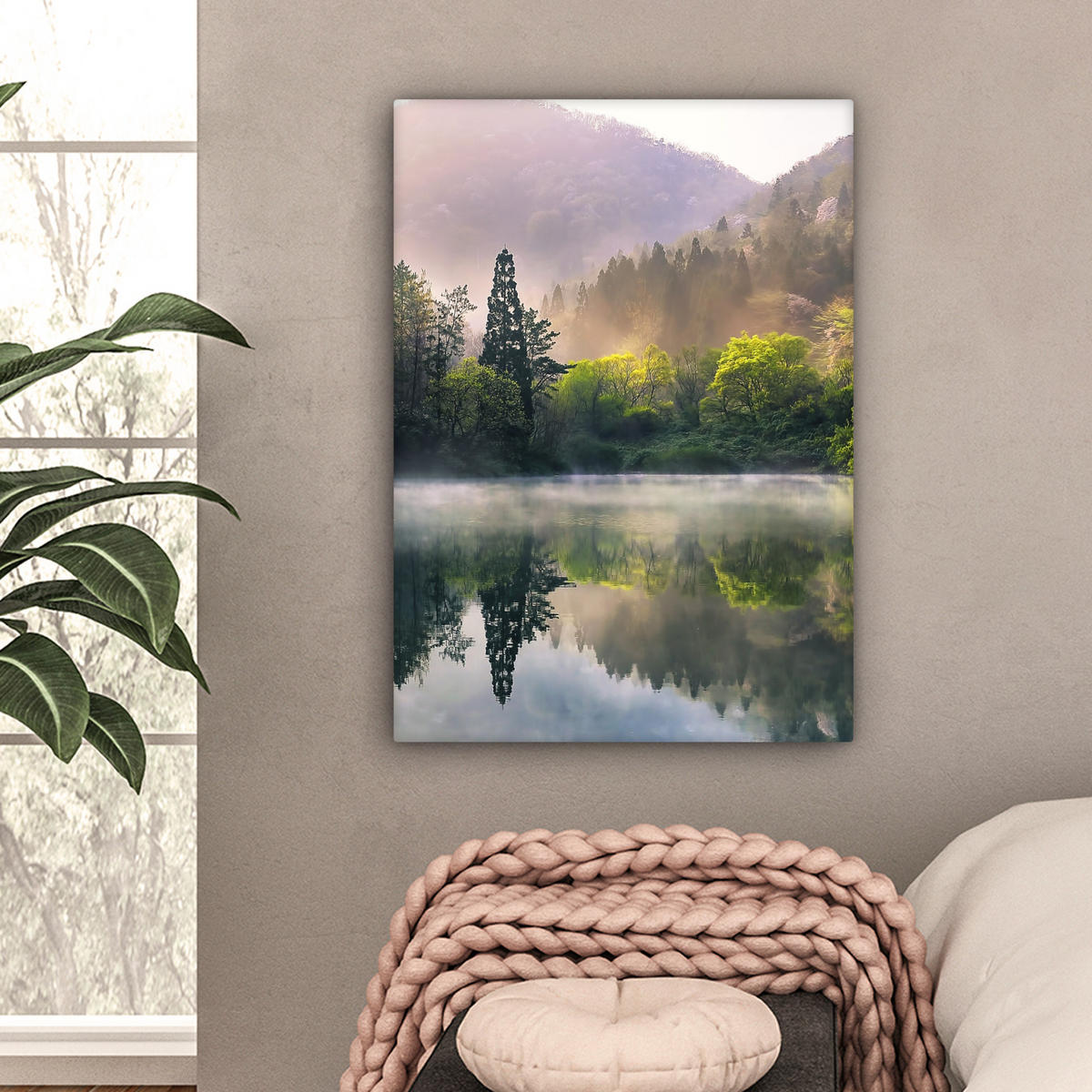 LEINWANDBILD Natur - Bäume - Berge - See - Wasser 60x80 cm - Hellgrün, Textil (60/80cm) - MuchoWow