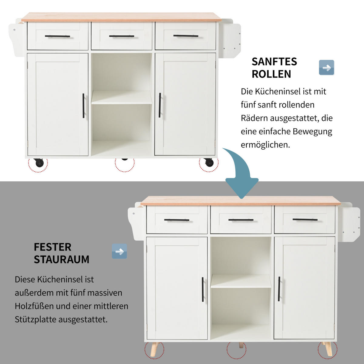 KÜCHENINSEL 139/91,5/46(71) cm Weiß aus MDF mit klappbarer Tischplatte - Weiß, Holzwerkstoff (46/91.5/139cm) - OKMYHOME