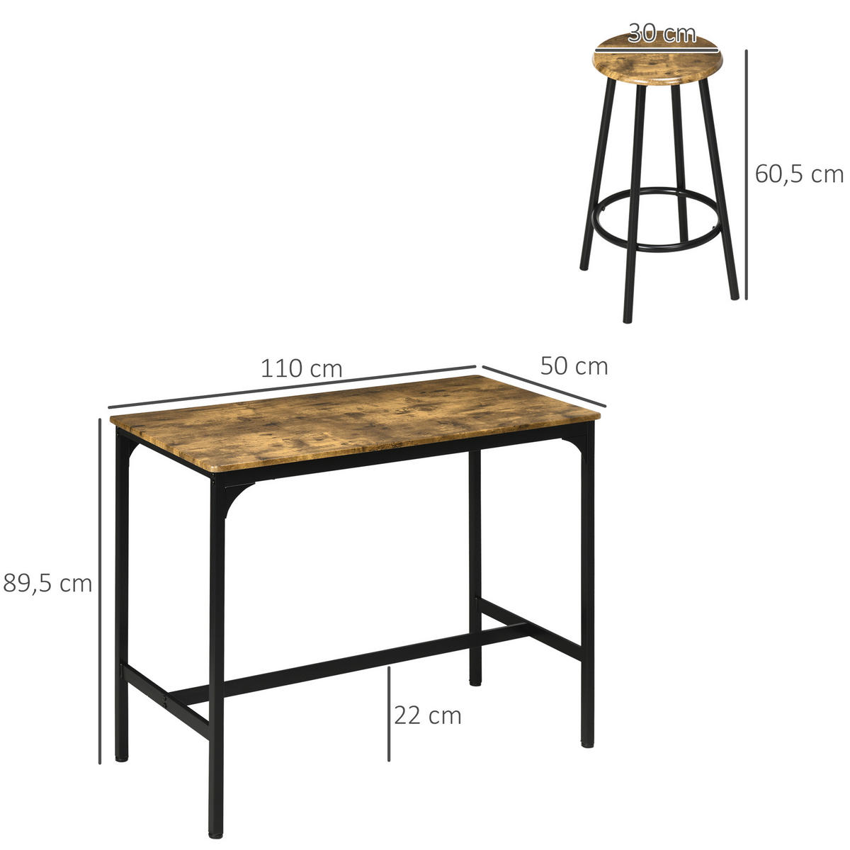 BARTISCH mit Barhocker Set, 5-tlg. Bartisch-Set, Küchentisch mit 4 Barhocker - Braun, Kunststoff (50/89.5/110cm) - HOMCOM