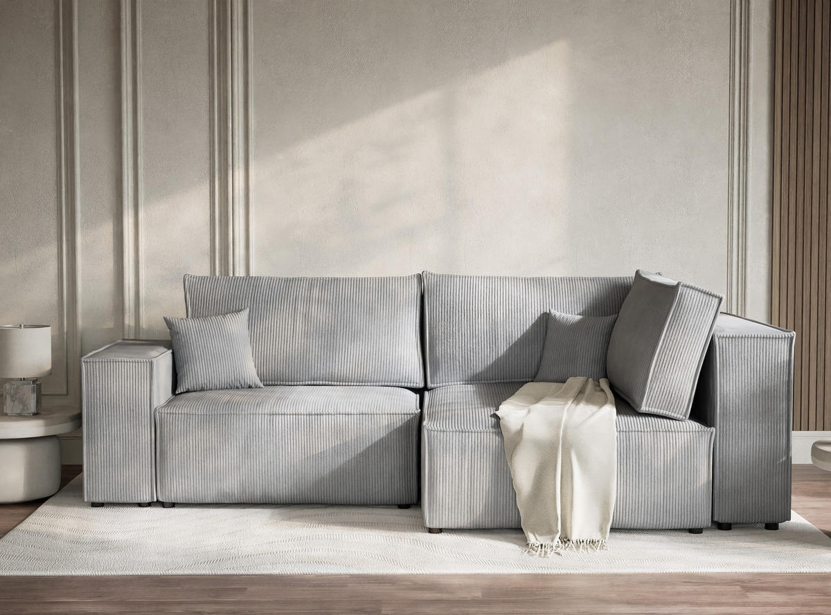 ECKSOFA MIT SCHLAFFUNKTION Tonga Hellgrau Samtstoff - Hellgrau/Schwarz, Holz/Holzwerkstoff (255/105cm) - Maison de Reve