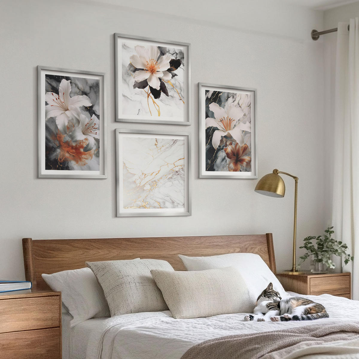 WANDBILDER 4er Set - 50x50 cm & 40x60 cm Silberner Rahmen - Blumen Marmor weiß schwarz - Silberfarben, Kunststoff (50/50cm) - ArtPrintCave