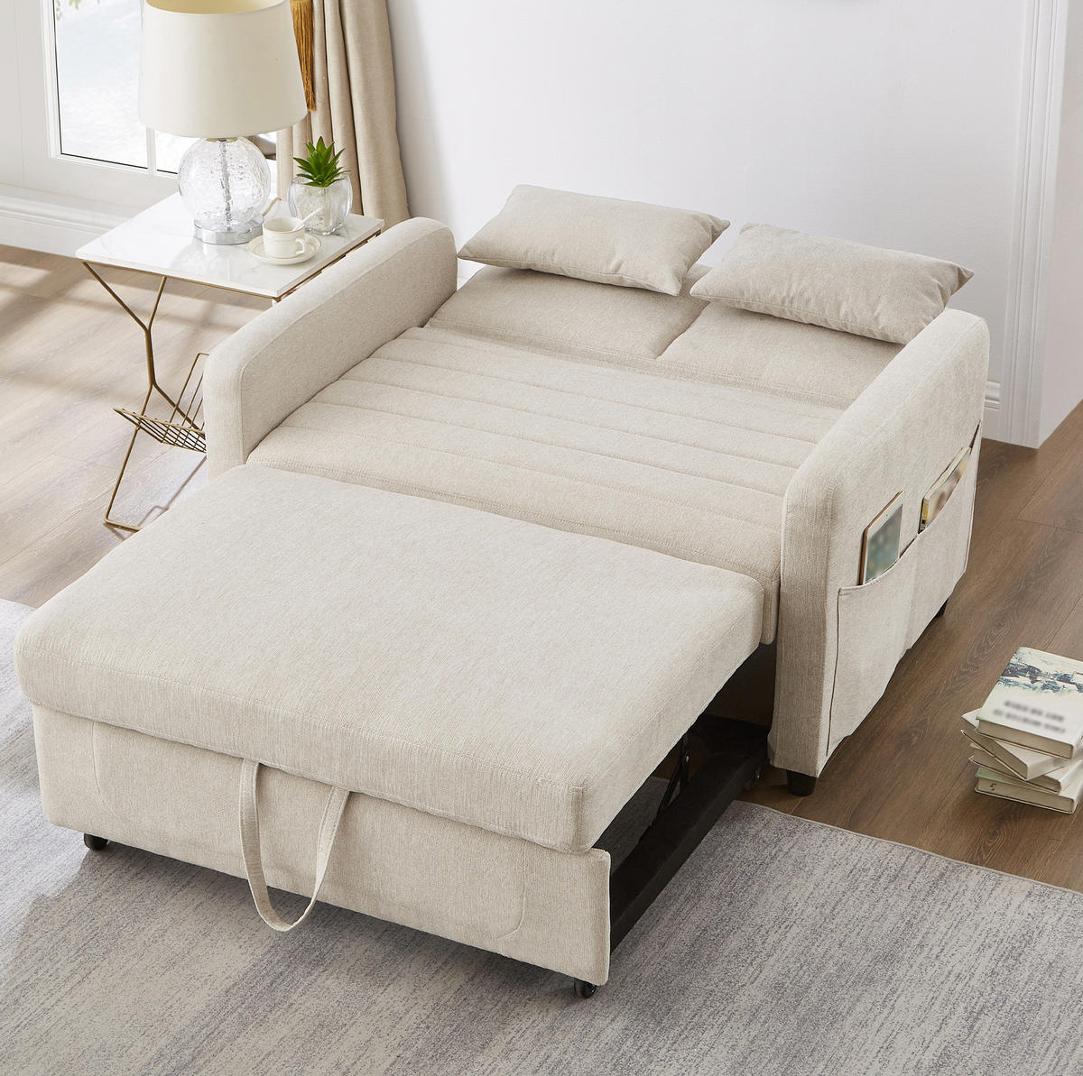 SOFABETT mit Schlaffunktion 166x95 cm Baumwoll-Leinen Beige - Beige, Metall (77/82.5/114cm) - Meubliv