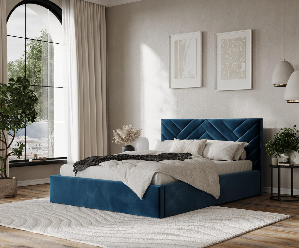 POLSTERBETT Arco 160/200 cm Dunkelblau im Kronos Stoff - Schwarz/Naturfarben, Holz/Holzwerkstoff (160/200cm) - AltaBeds