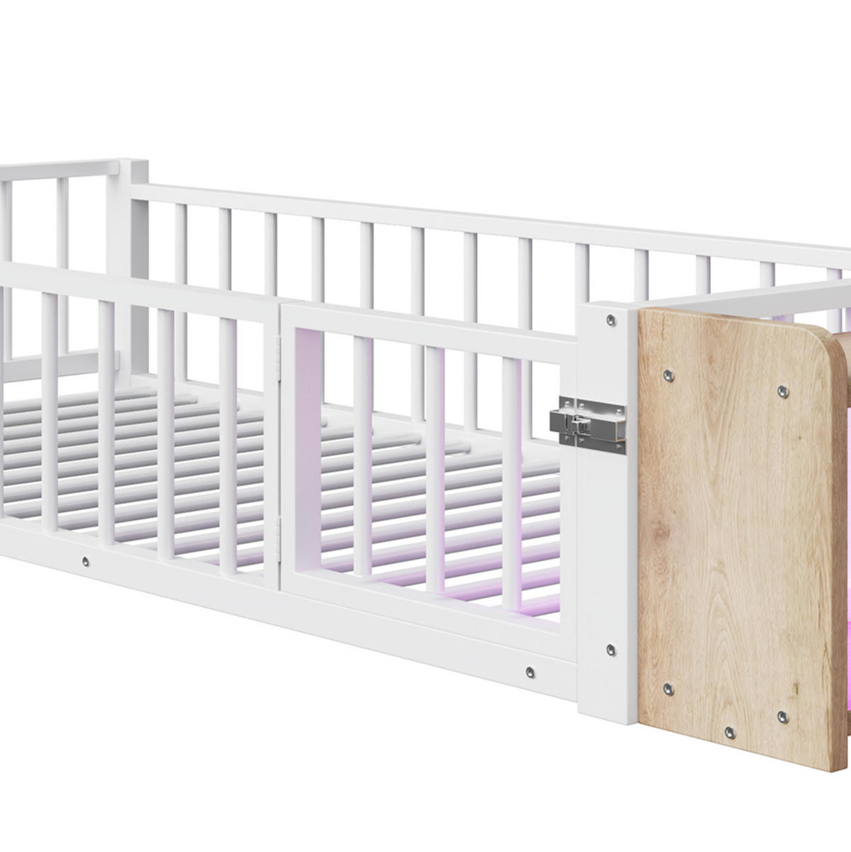 KINDERBETT 90/200 cm mit Schutzgeländer, offenem Staufach und LED-Beleuchtung, Metall/MDF, Weiß - Weiß, Holzwerkstoff (90/200cm) - Redom