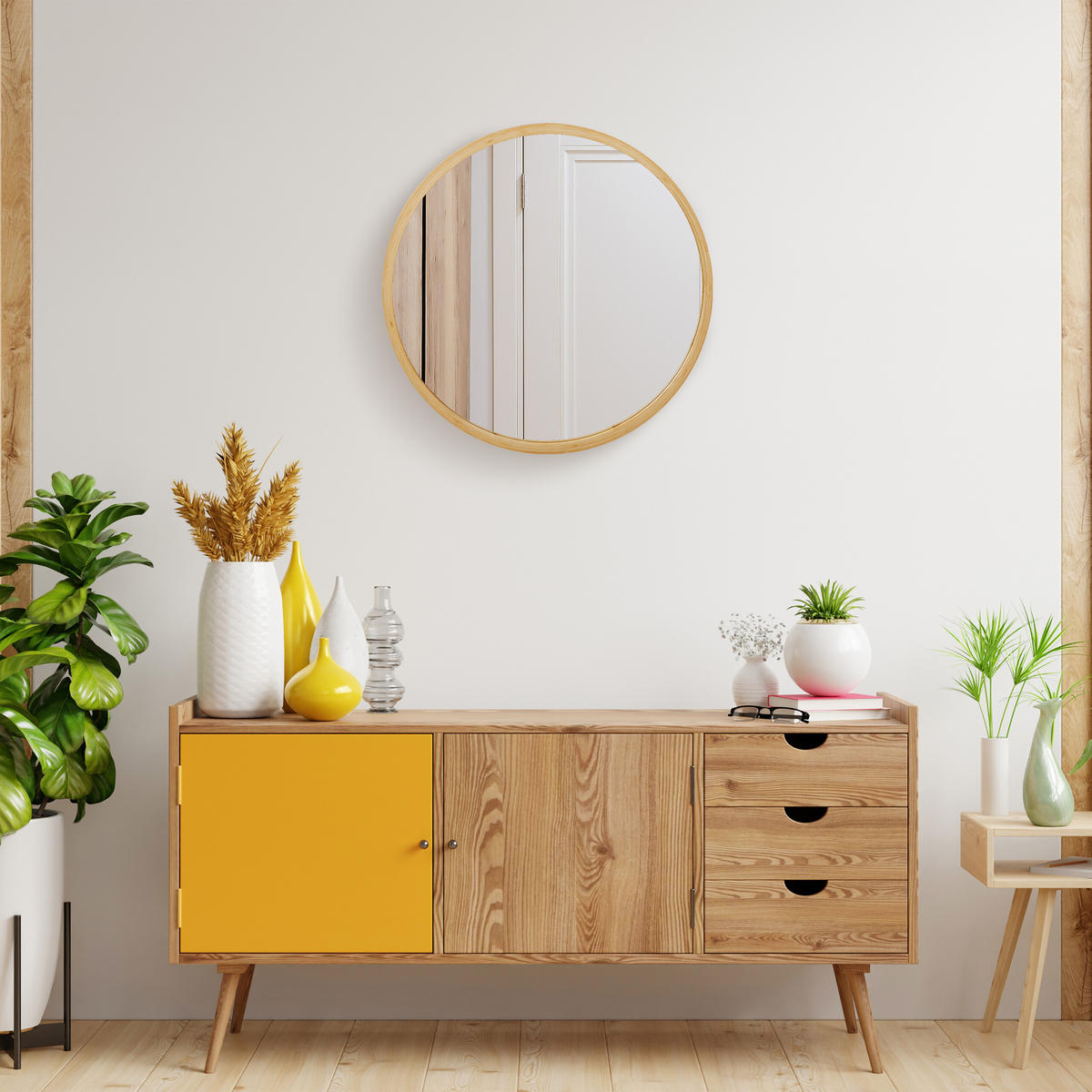 WANDSPIEGEL - Hellbraun, Glas/Holz (61/61/2cm) - Relaxdays