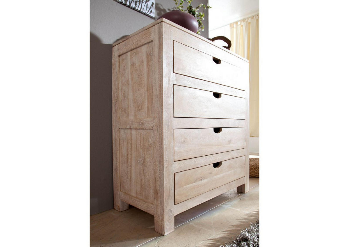 KOMMODE Akazie 85x42x95 white stone getüncht NATURE WHITE #85 - Beige, Holz (85/95/42cm) - Massivmoebel24