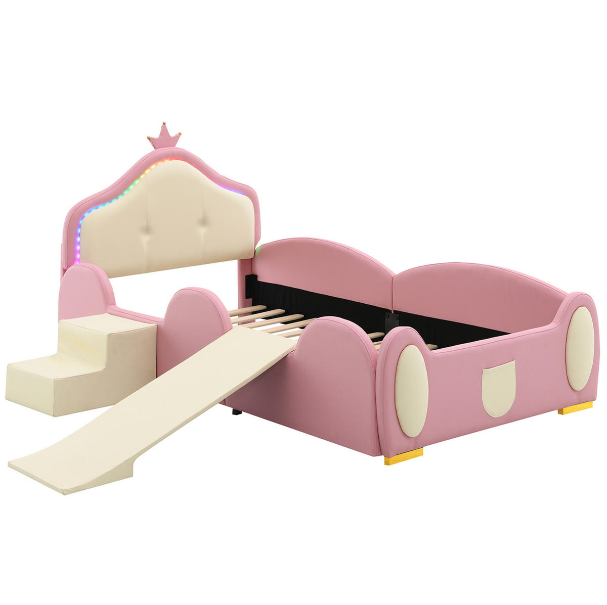 KINDERBETT 90/200 cm Crown Cartoon Rosa mit Rutsche und LED-Beleuchtung aus PU - Rosa, Kunststoff (90/200cm) - OKWISH