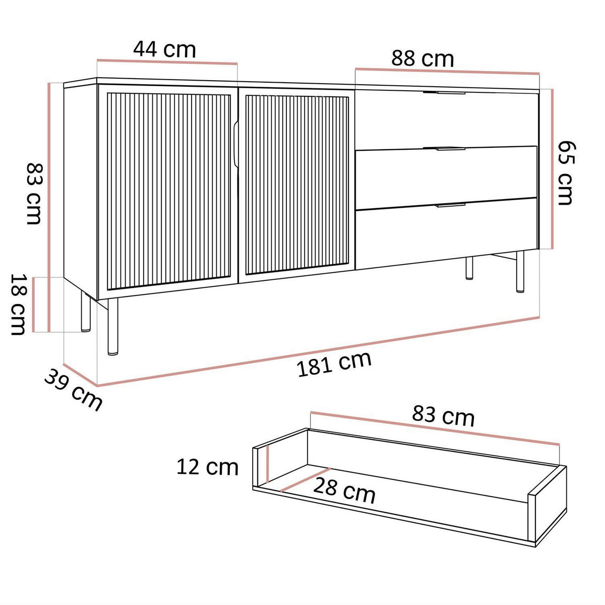 SIDEBOARD LINEA LOFT mit LED-Beleuchtung Eiche + Schwarz - Eichefarben, Holzwerkstoff (181/83/39cm) - Lookway