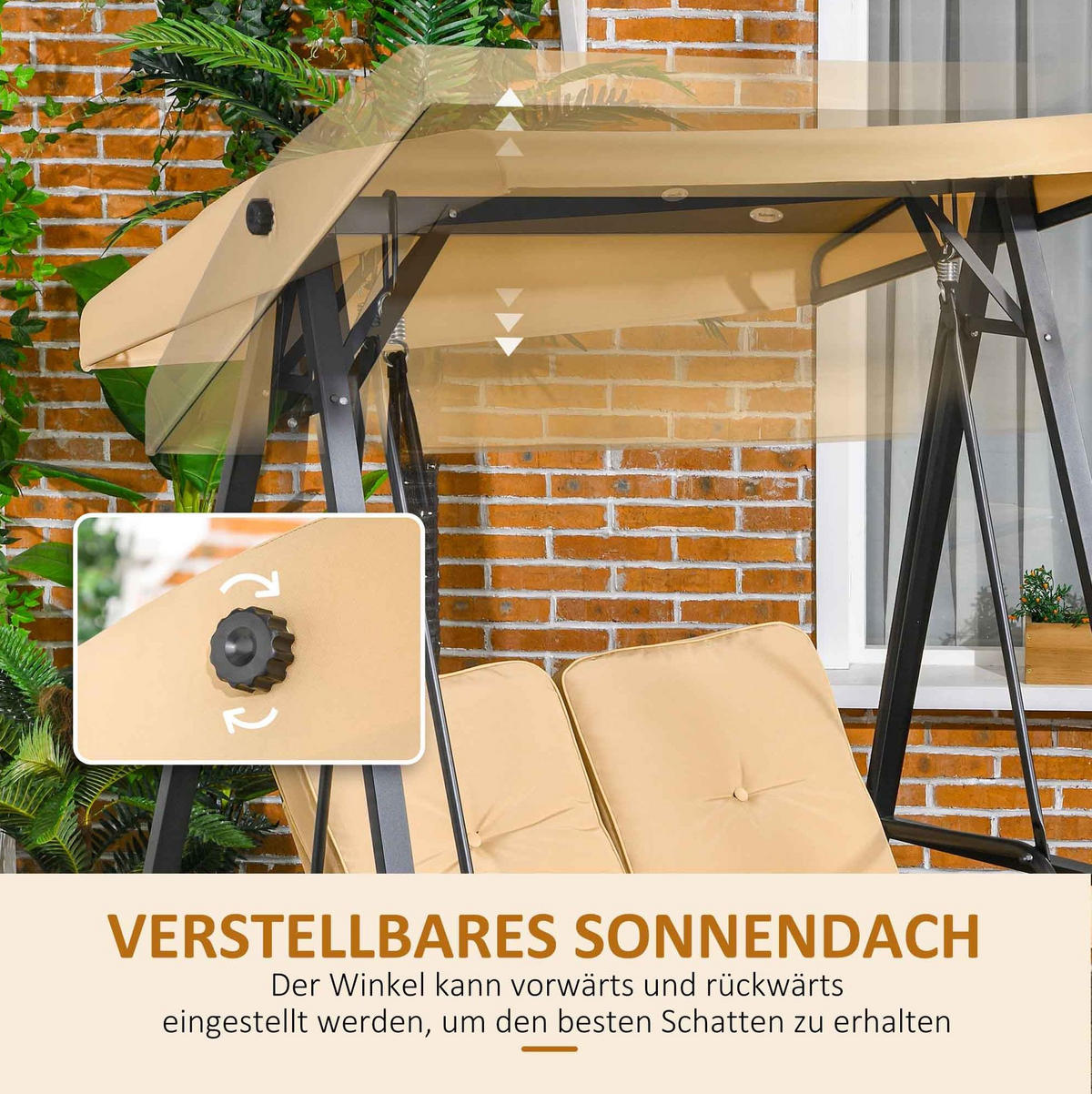HOLLYWOODSCHAUKEL aus Stahl 138 x 106 x 174 cm in Beige mit Sonnendach - Beige, Metall (106/174/138cm) - Modfu
