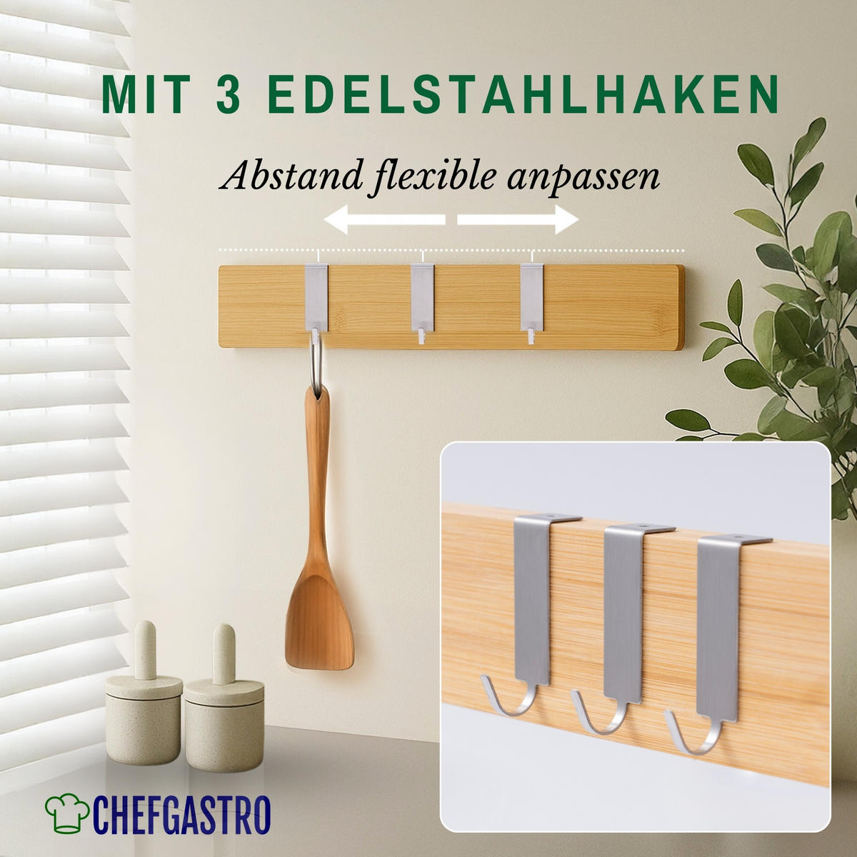 MESSERLEISTE aus Bambus 40cm breit inkl. 3 Haken - Beige, Holz (40/6.2/1.5cm) - CHEFGASTRO