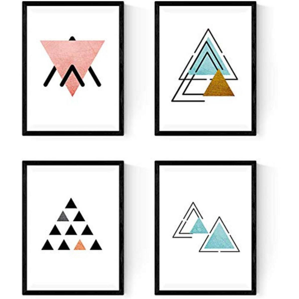 POSTER Set mit 4 Geometrische Nordischer Dreiecken im Blau und Rottönen A4 Schwarzer Rahmen - Schwarz, Papier (29.7/3cm) - Nacnic