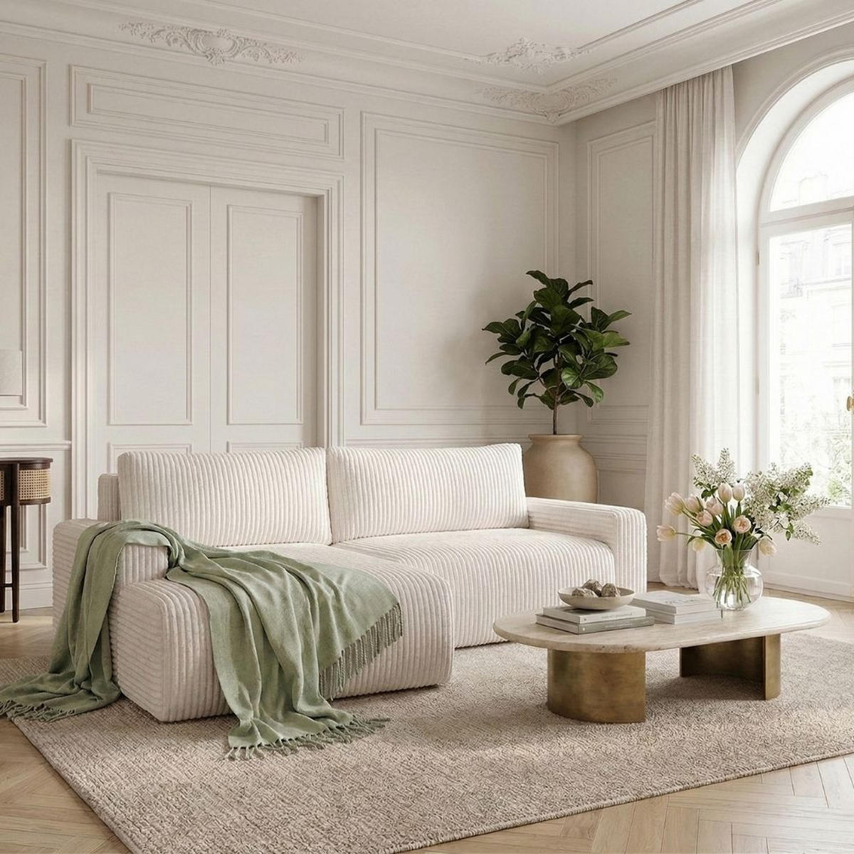 ECKSOFA MILO SMALL mit Schlaffunktion und Bettkasten, Links - TILIA 01 - Weiß, Holz (240/142cm) - Dekori_Interiors