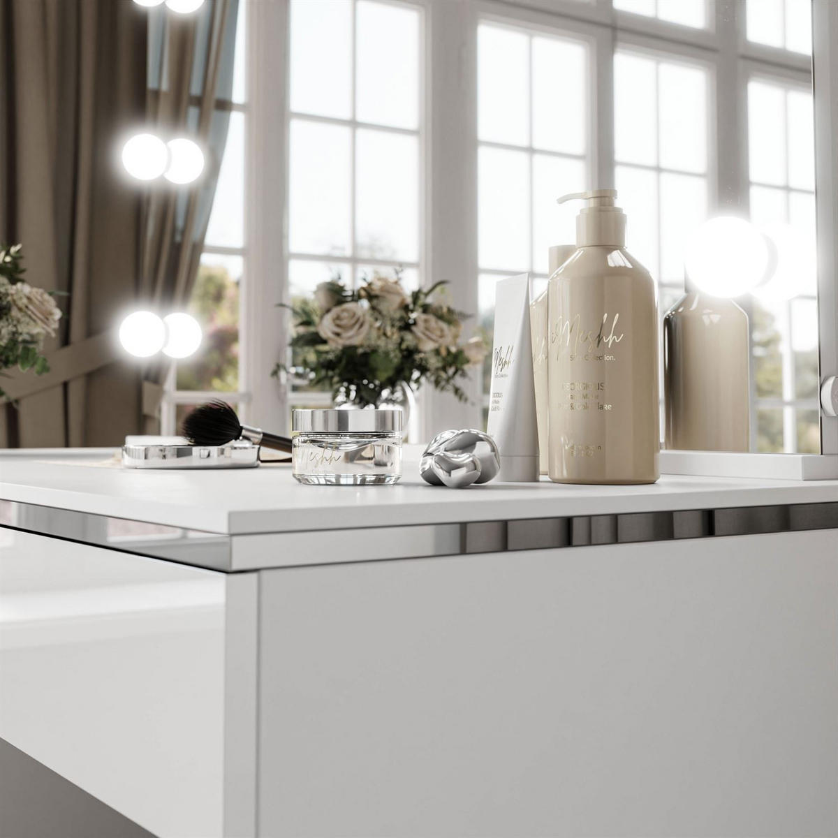 SCHMINKTISCH AURORA II SILVER ELITE mit Spiegel und Beleuchtung - Weiß Hochglanz, Holzwerkstoff (120/78.5/55cm) - Lookway