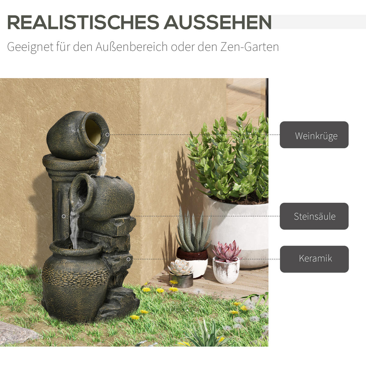 GARTENBRUNNEN, Kunstharz, Grau - Grau, Kunststoff (36.5/32/73cm) - Outsunny