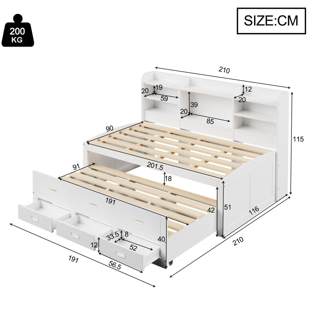 TAGESBETT 90x200cm Weiß LED Schubladen USB-C Nachttisch Klappbar Ausziehbar - Weiß, Holz (90/200cm) - FLIEKS